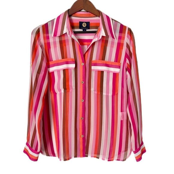 Adrienne Vittadini Sheer Long Sleeve Stripe Top - Picture 7 of 7
